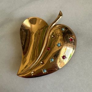VINTAGE • Retro Crystal Leaf Brooch Bohemian Boho Cute Plant Witch Pin Gold Tone